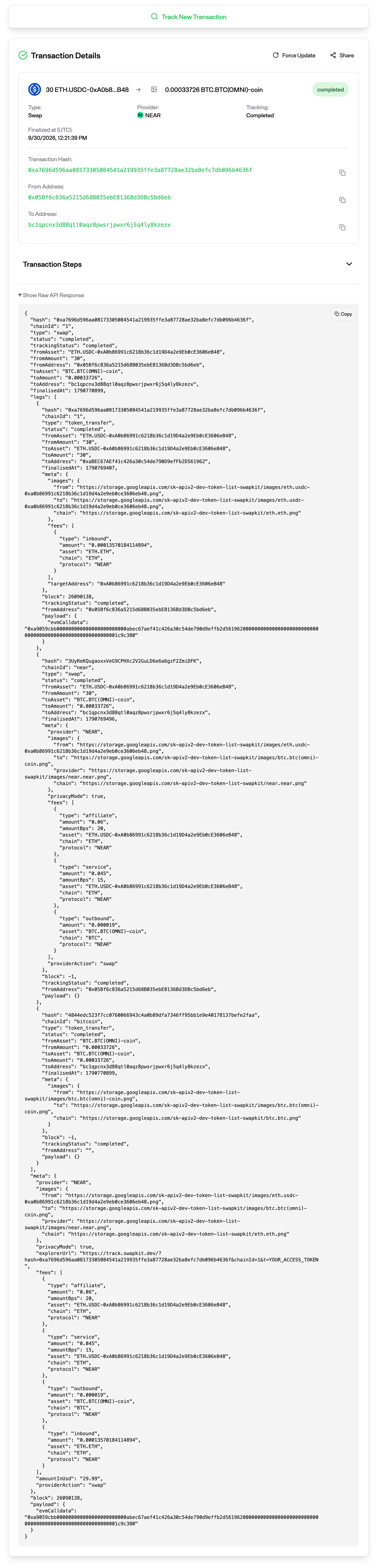 The same swap opened with a t= access token: the provider reads NEAR, the destination address, amount and timestamp are shown, and the raw API response below shows every leg in full