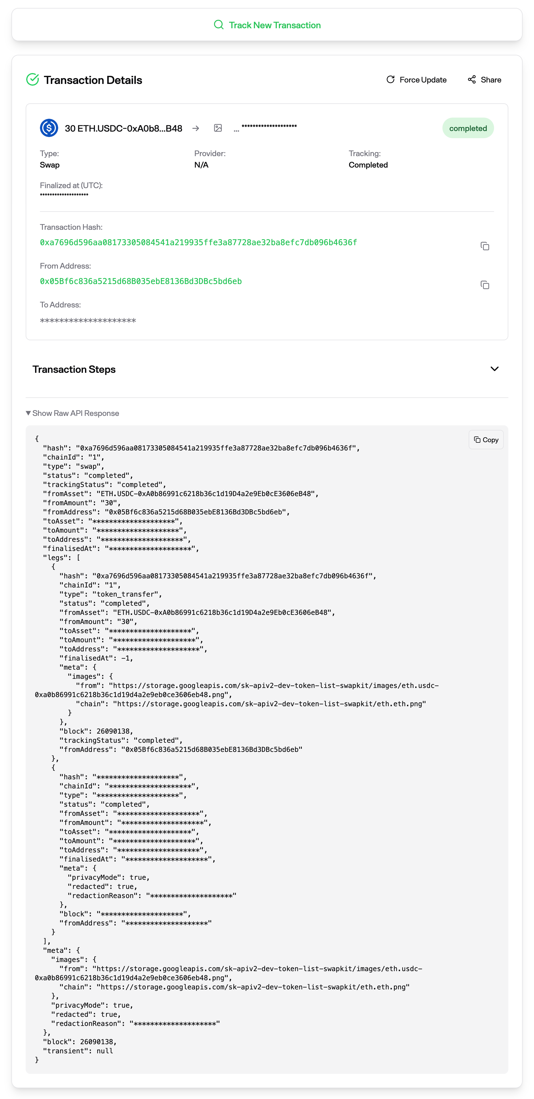 SwapKit Explorer showing a confidential swap without an access token: the provider reads N/A, the destination address and timestamp render as rows of asterisks, and the raw API response below shows the same fields redacted